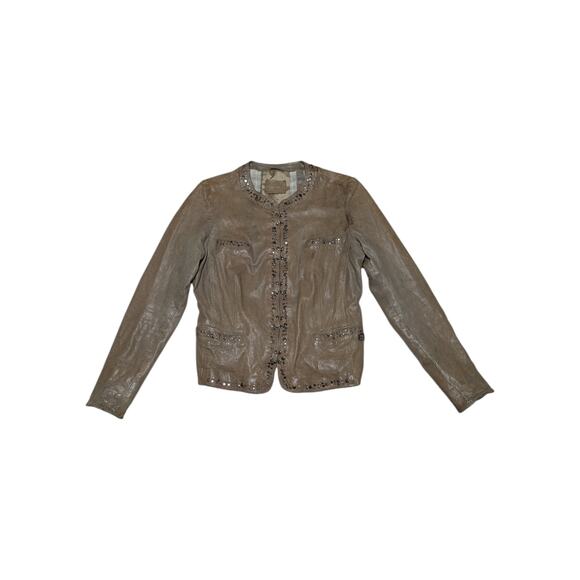 Vintage Violanti Studded Leather Jacket Linen Lined Brown Western Streetwear - Picture 3 of 9